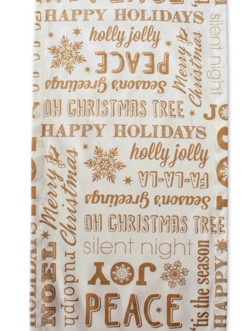 Neutral White and Gold Holiday Table Runner - Festive Word Print